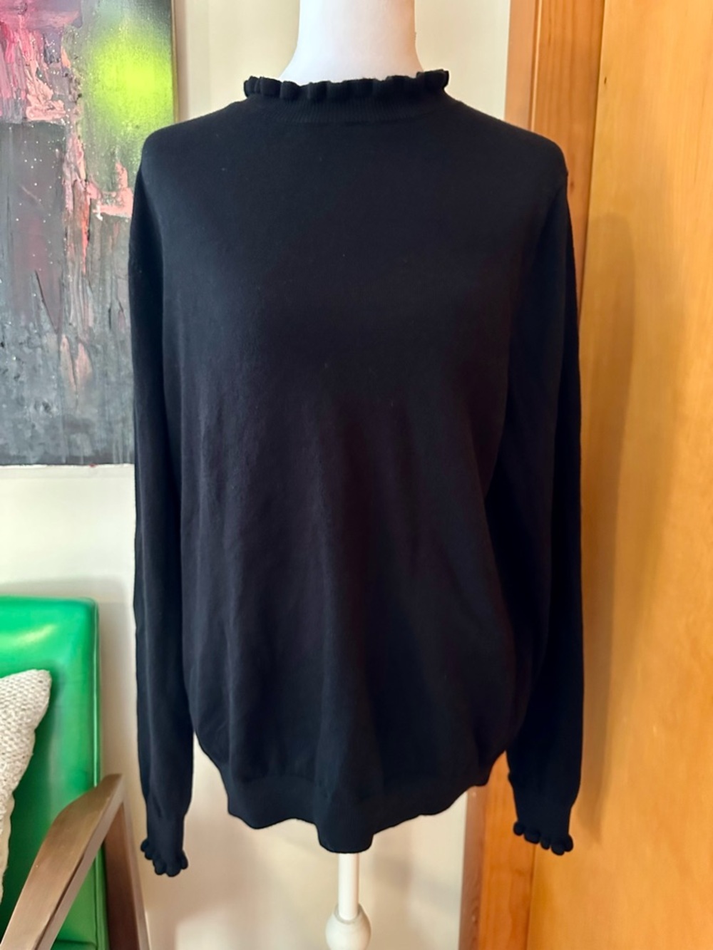 Boden Black Crewneck Sweater with Ruffle Trim